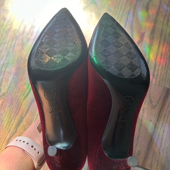 73 hours women wine red velvet point toe heels with shinning flower butt… - Picture 3 of 6
